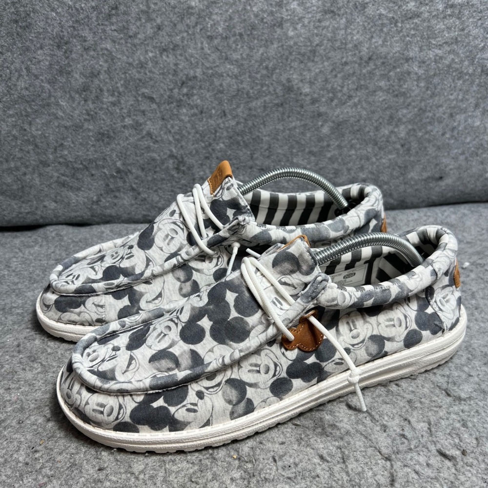 Hey Dude Wally Mickey Mouse Disney Mens Shoes Grayscale Print Loafers Size 12